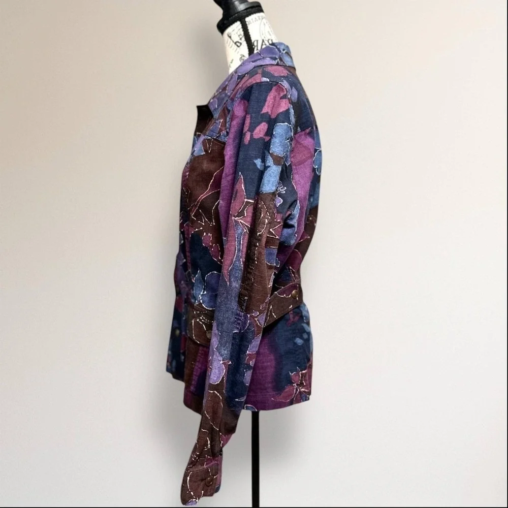Vintage Coldwater Creek Floral Cotton Shacket Purple Blue Button Front‎ 16 Boho